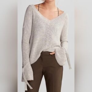 Express Women Knit Crop Sweater V-Neck Long Bell Sleeve Back Slit Taupe Gray XS